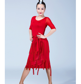 Red black fringes women's ladies female middle long sleeves round neck competition performance latin salsa dance dresses